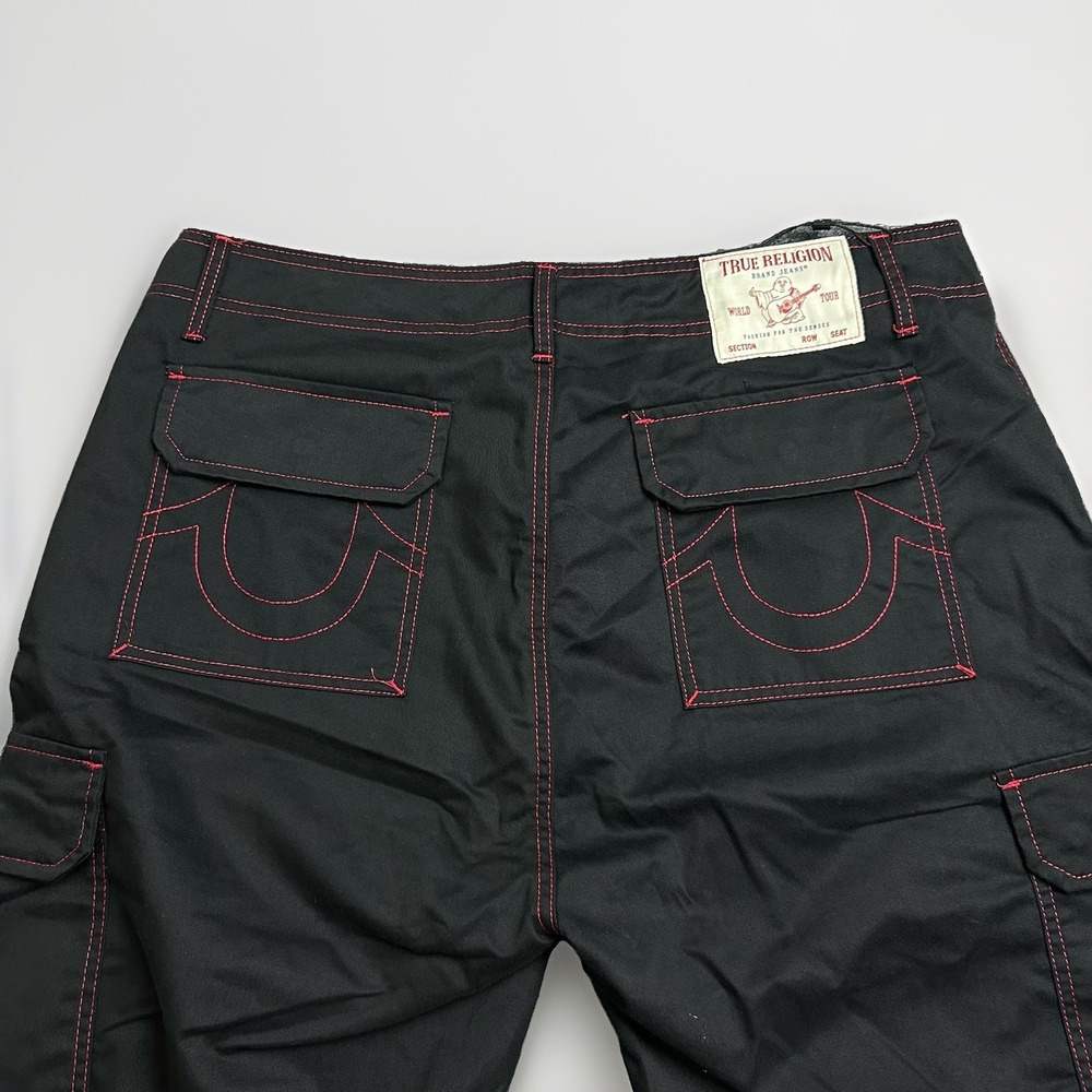 True Religion Mens Baggy Cargo Pants 108335 Black Red Stitching Size 36
